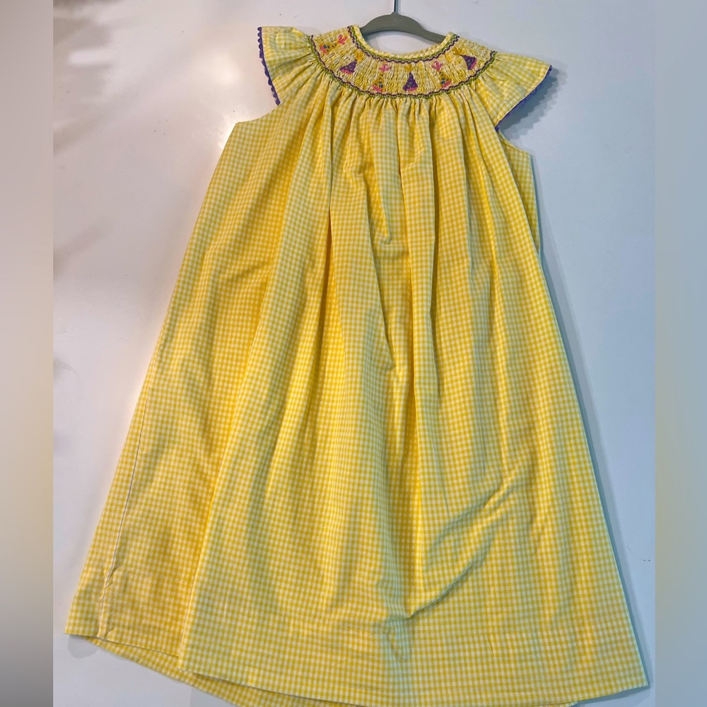 Yellow Gingham Smocked Girls' Dress with Purple Trim